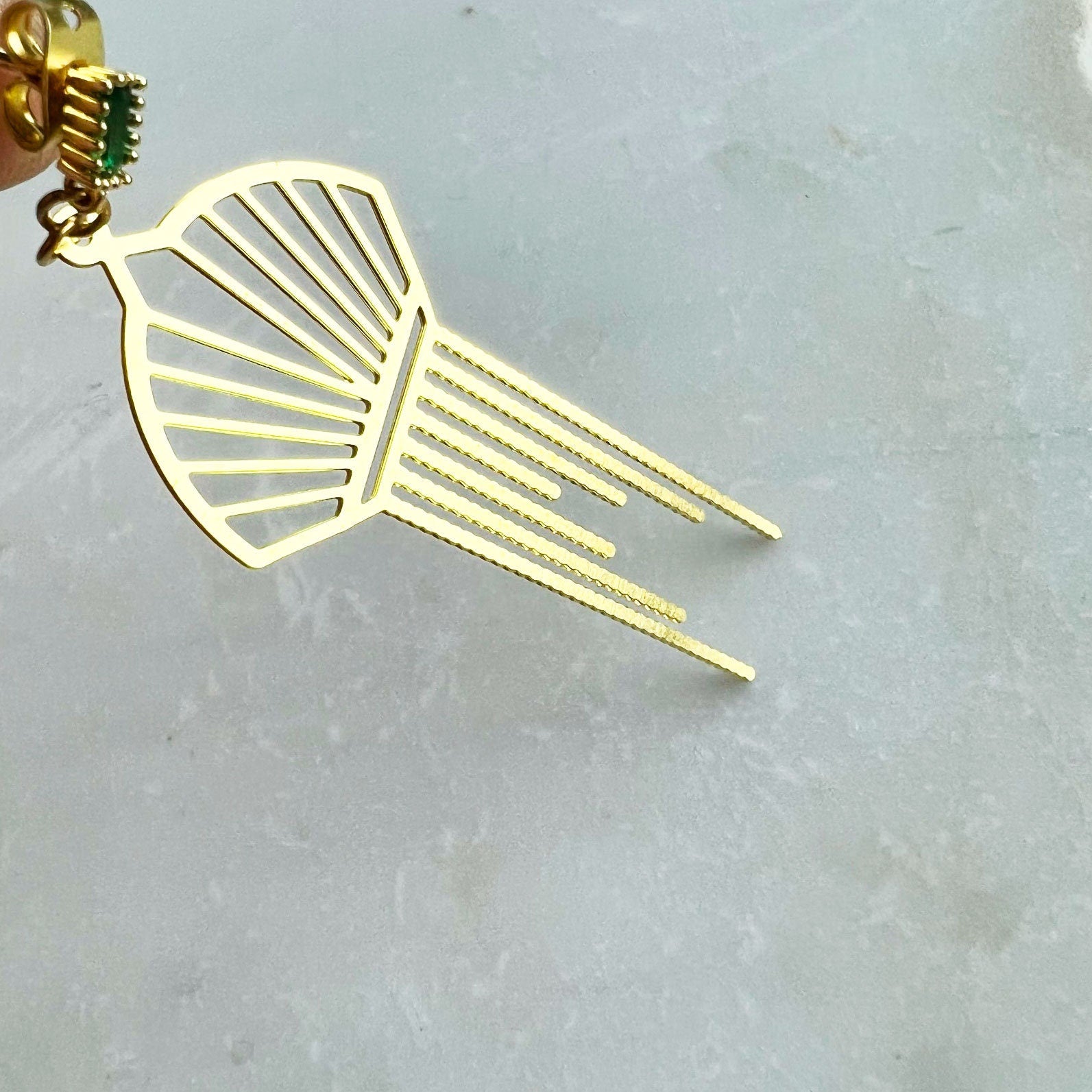 Gold and green earrings, art deco jewelry, green jewel earrings, emerald