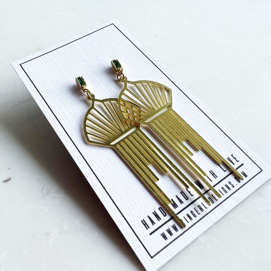 Gold and green earrings, art deco jewelry, green jewel earrings, emerald