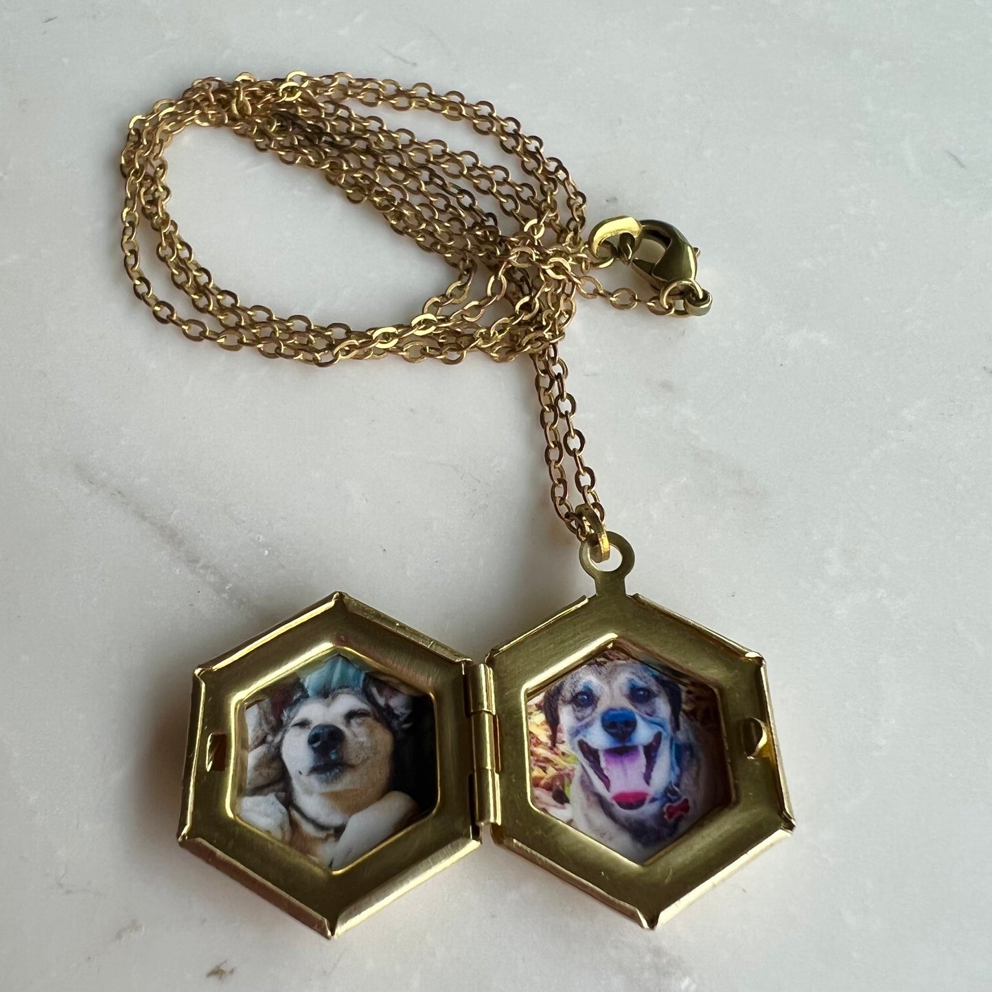Gold hexagon locket, modern tiny locket, small photo locket, antique gold locket