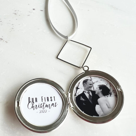 Custom Christmas ornament, marriage ornament, silver locket ornament, photo ornament, family christmas