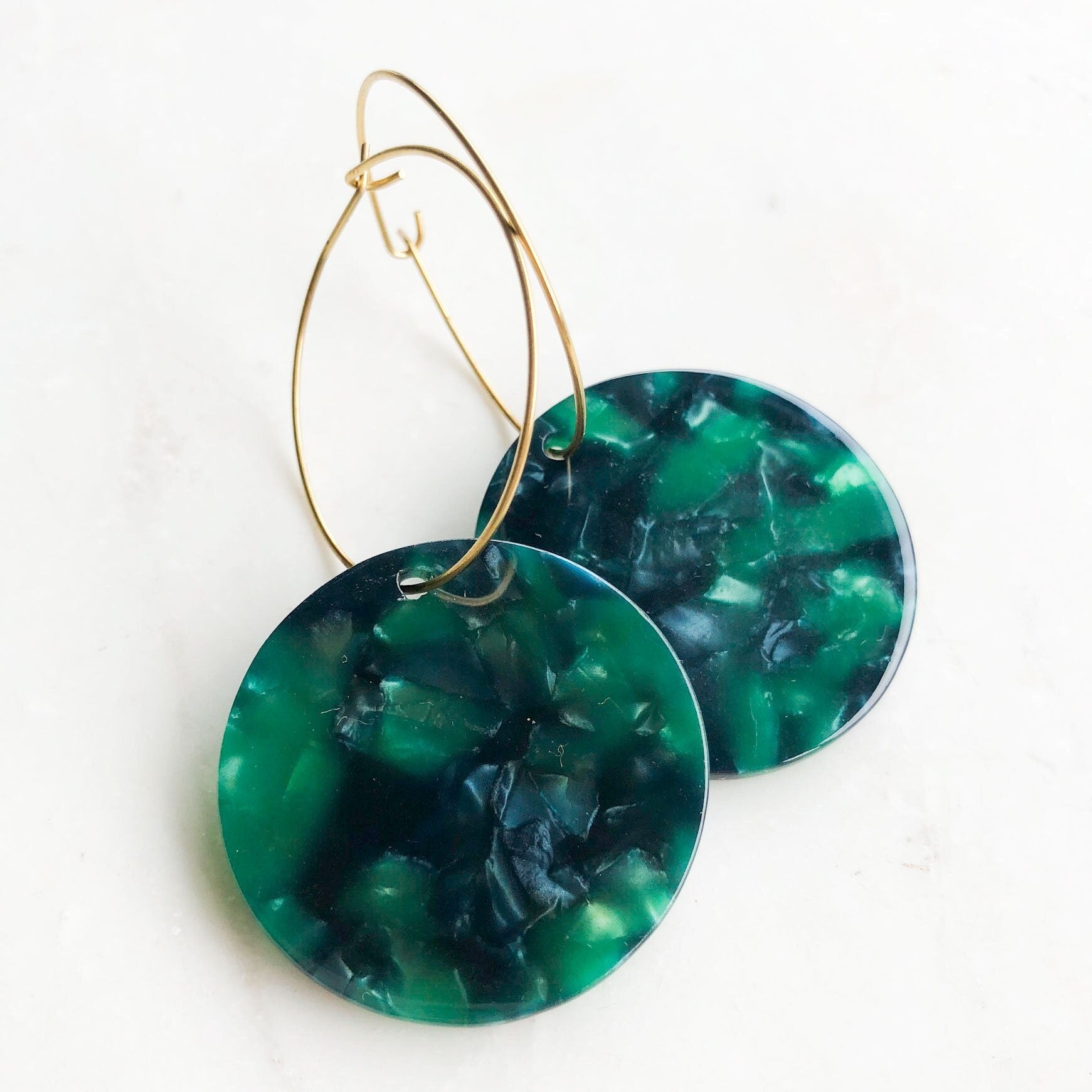 Emerald green statement earrings, Christmas party earrings, round green earrings with gold hoops