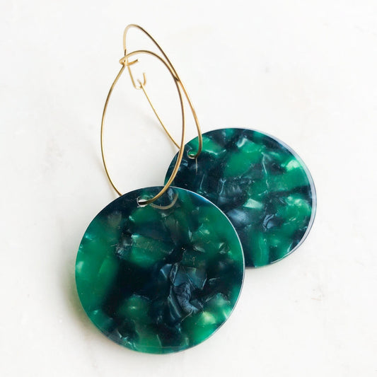 Emerald green statement earrings, Christmas party earrings, round green earrings with gold hoops