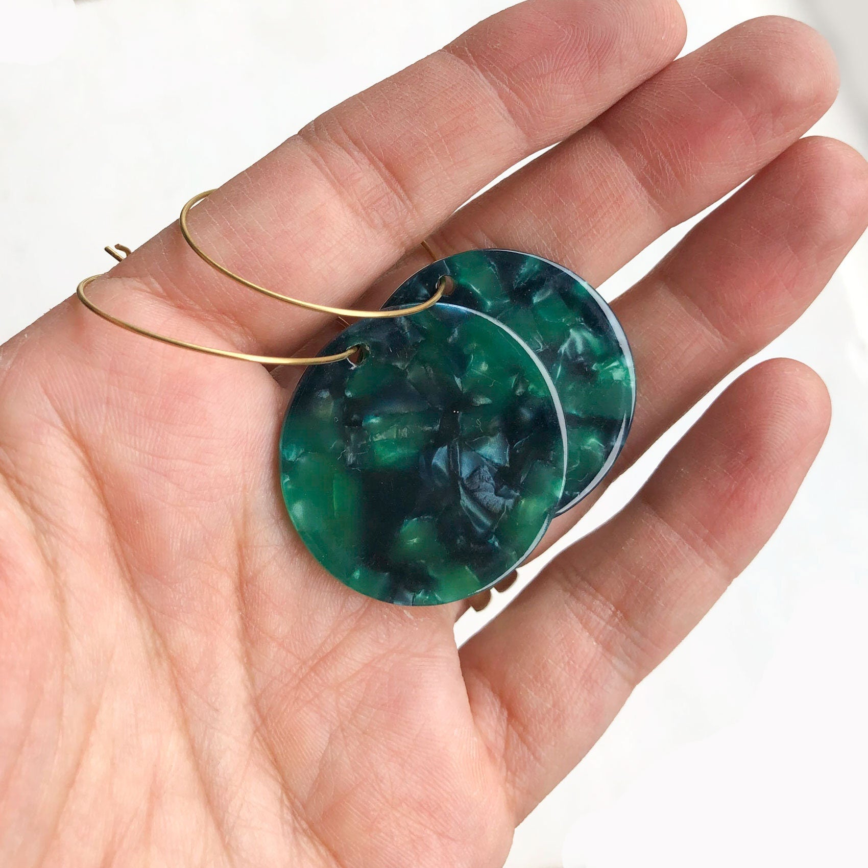 Emerald green statement earrings, Christmas party earrings, round green earrings with gold hoops