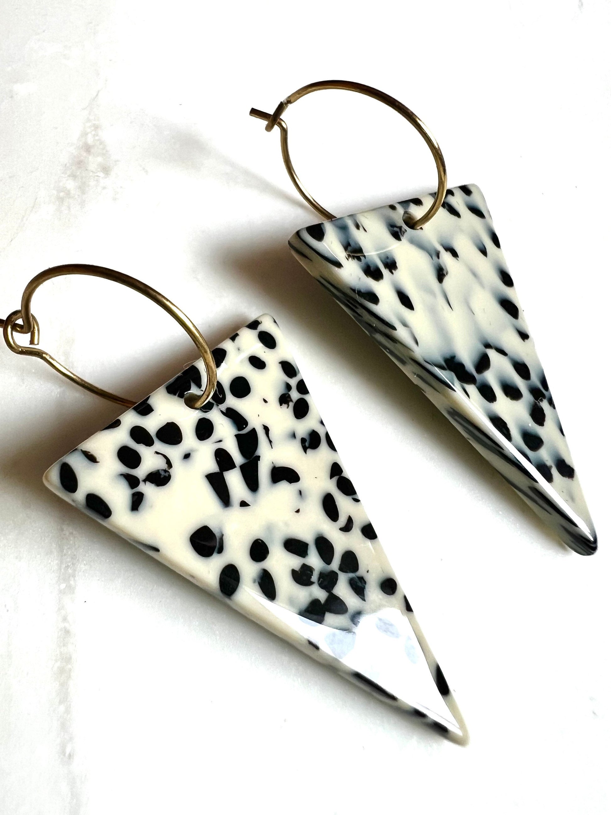 Black and white earrings, triangle hoop earrings, polka dot earrings, gold hoop earrings, unique earrings