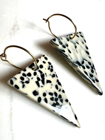 Black and white earrings, triangle hoop earrings, polka dot earrings, gold hoop earrings, unique earrings