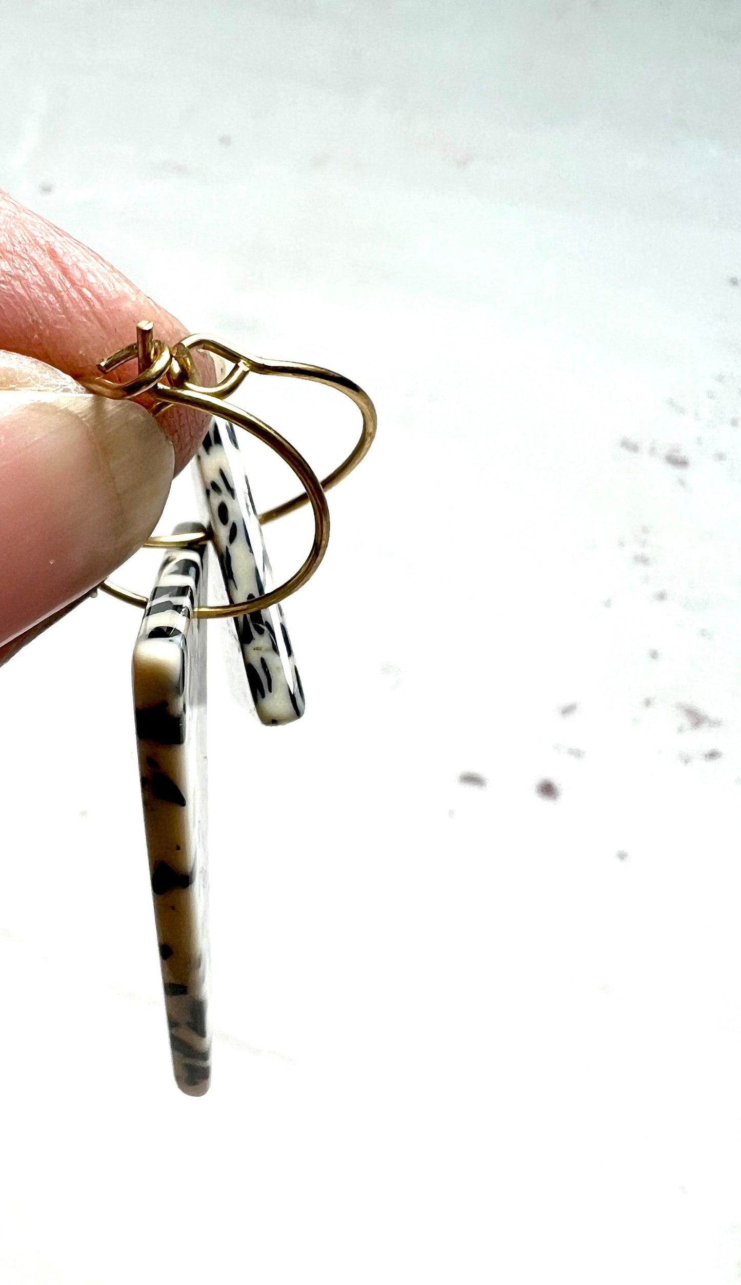 Black and white earrings, triangle hoop earrings, polka dot earrings, gold hoop earrings, unique earrings