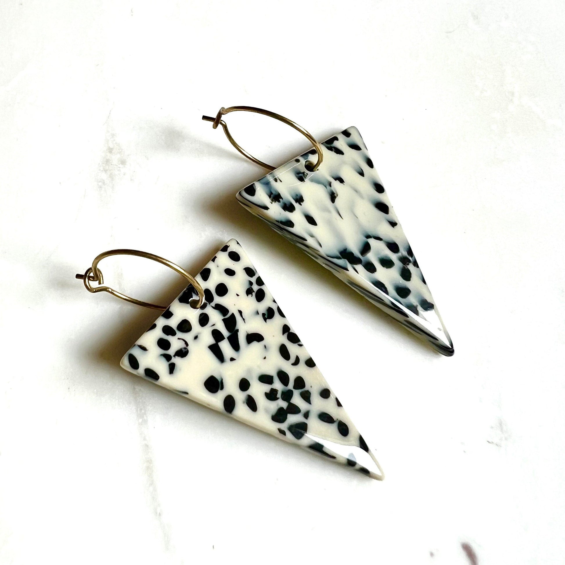 Black and white earrings, triangle hoop earrings, polka dot earrings, gold hoop earrings, unique earrings