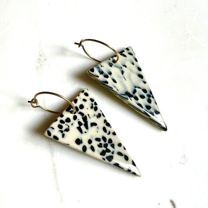 Black and white earrings, triangle hoop earrings, polka dot earrings, gold hoop earrings, unique earrings