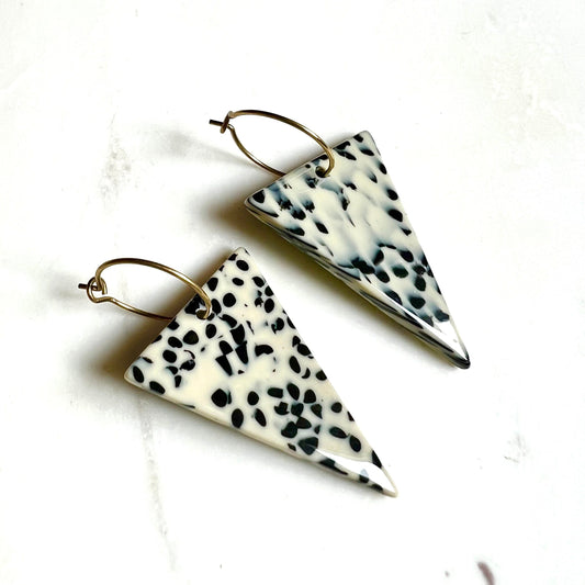 Black and white earrings, triangle hoop earrings, polka dot earrings, gold hoop earrings, unique earrings